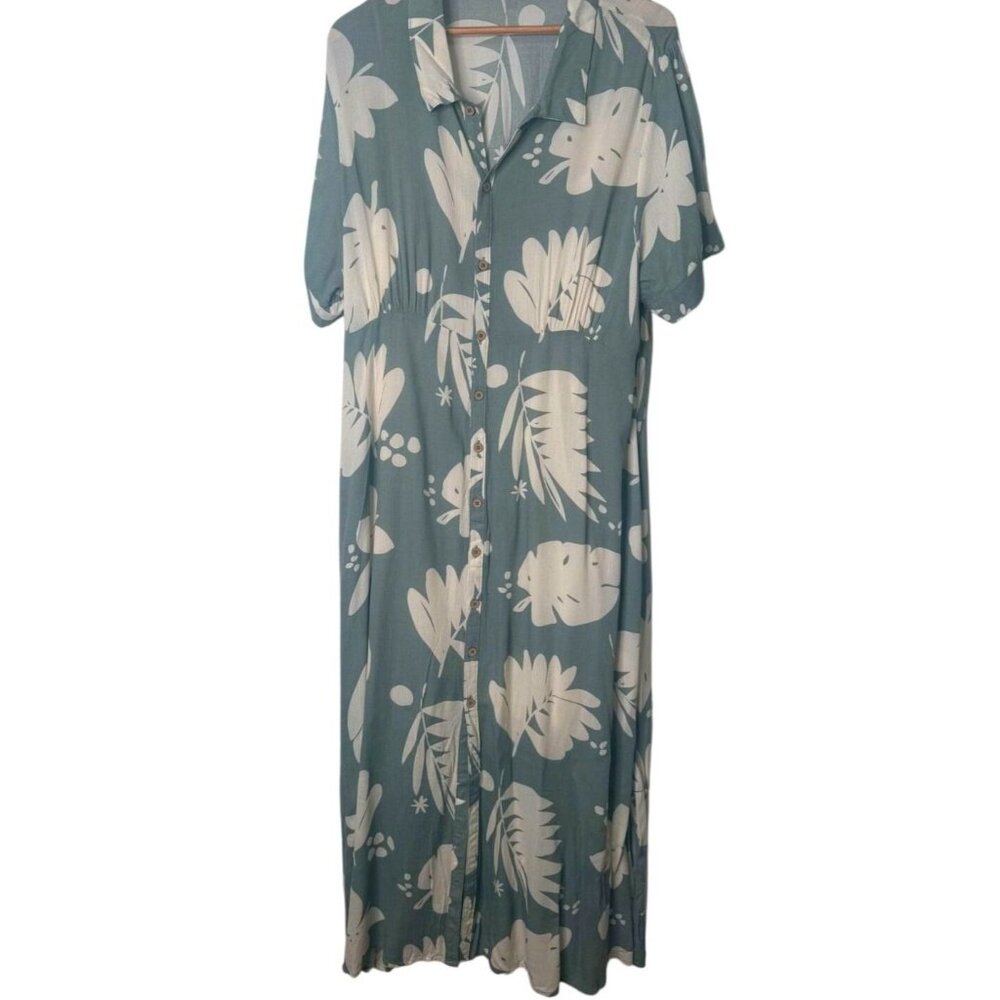 O'Neill XXL Claire Tropical Short Sleeve Collar Sundress Slit Maxi Dress Green - Picture 11 of 16